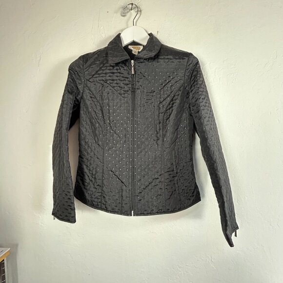 Talbots Womens Black Jacket Size 4 Fitted Softshell Dots Water Resistant Zip Up - Picture 1 of 9